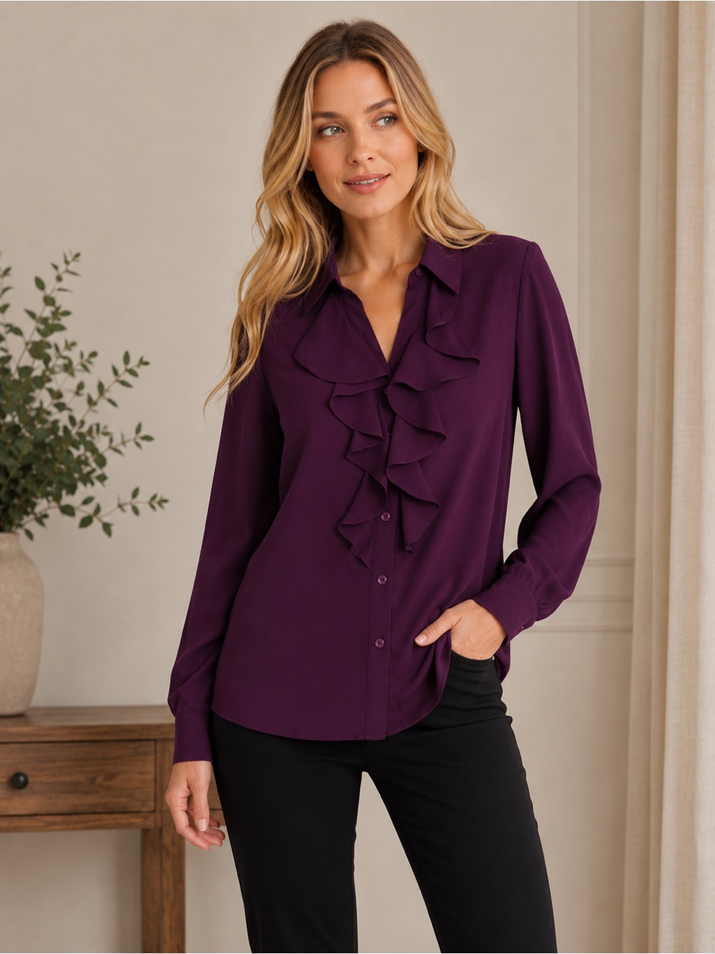 New - Calvin Klein Plum Ruffle Front Long Sleeve Blouse Elegant Office Top L